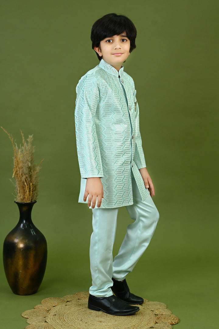 Boys Satin Embroidered Zigzag Sequined Sherwani & Trousers Set - Sky Blue | SHOBITAM