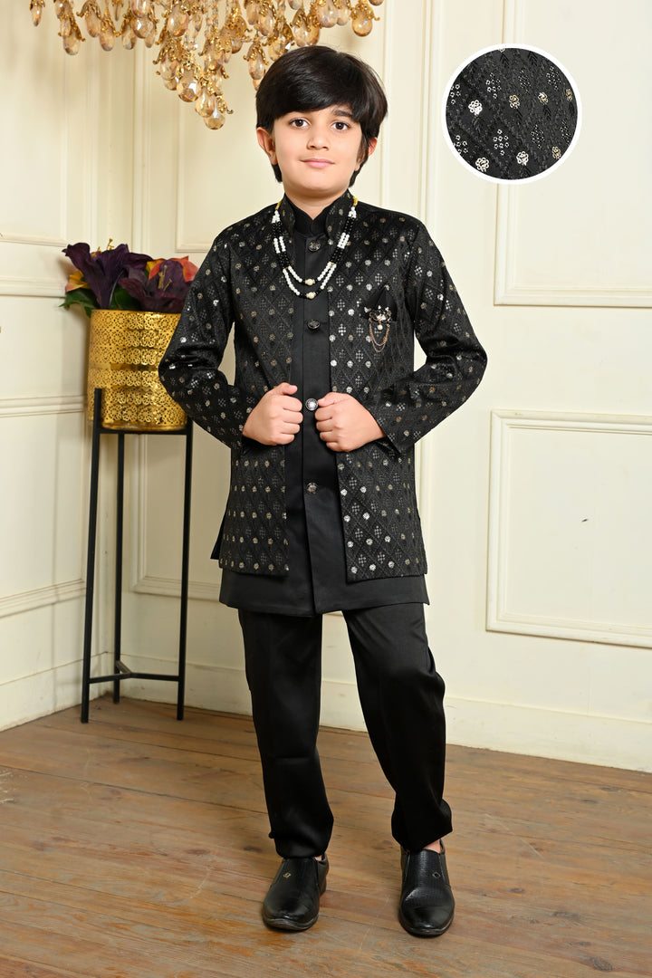 Boys Satin Geometric Embroidered Sequined Sherwani Shrug & Trousers Set with Necklace - Black | SHOBITAM