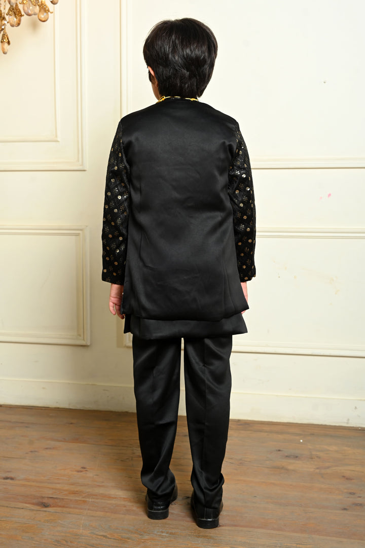 Boys Satin Geometric Embroidered Sequined Sherwani Shrug & Trousers Set with Necklace - Black | SHOBITAM