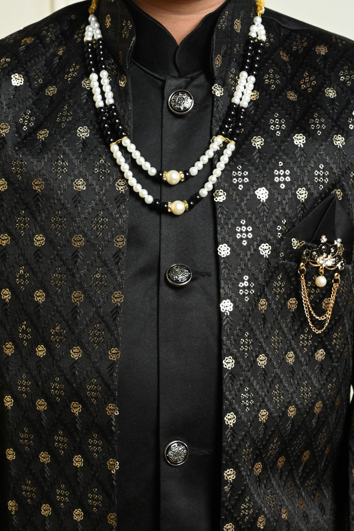 Boys Satin Geometric Embroidered Sequined Sherwani Shrug & Trousers Set with Necklace - Black | SHOBITAM