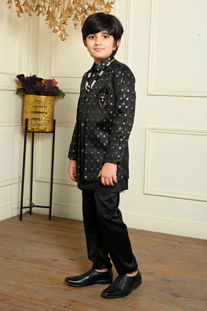 Boys Satin Geometric Embroidered Sequined Sherwani Shrug & Trousers Set with Necklace - Black | SHOBITAM