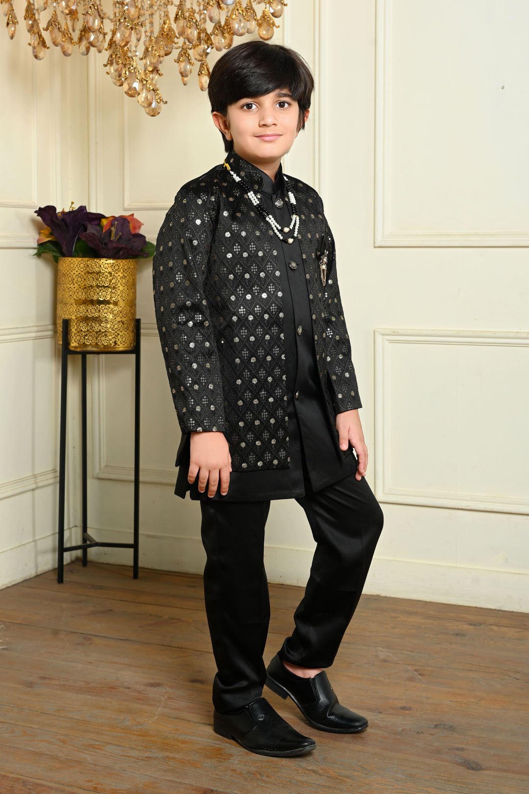 Boys Satin Geometric Embroidered Sequined Sherwani Shrug & Trousers Set with Necklace - Black | SHOBITAM
