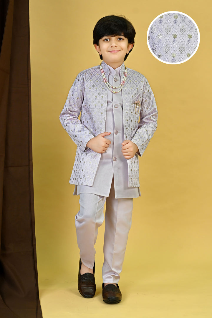 Boys Satin Geometric Embroidered Sequined Sherwani Shrug & Trousers Set with Necklace - Lavender | SHOBITAM