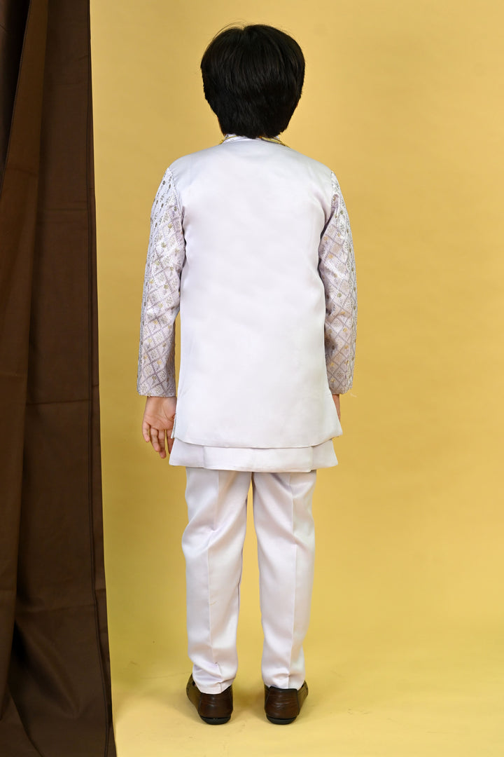Boys Satin Geometric Embroidered Sequined Sherwani Shrug & Trousers Set with Necklace - Lavender | SHOBITAM