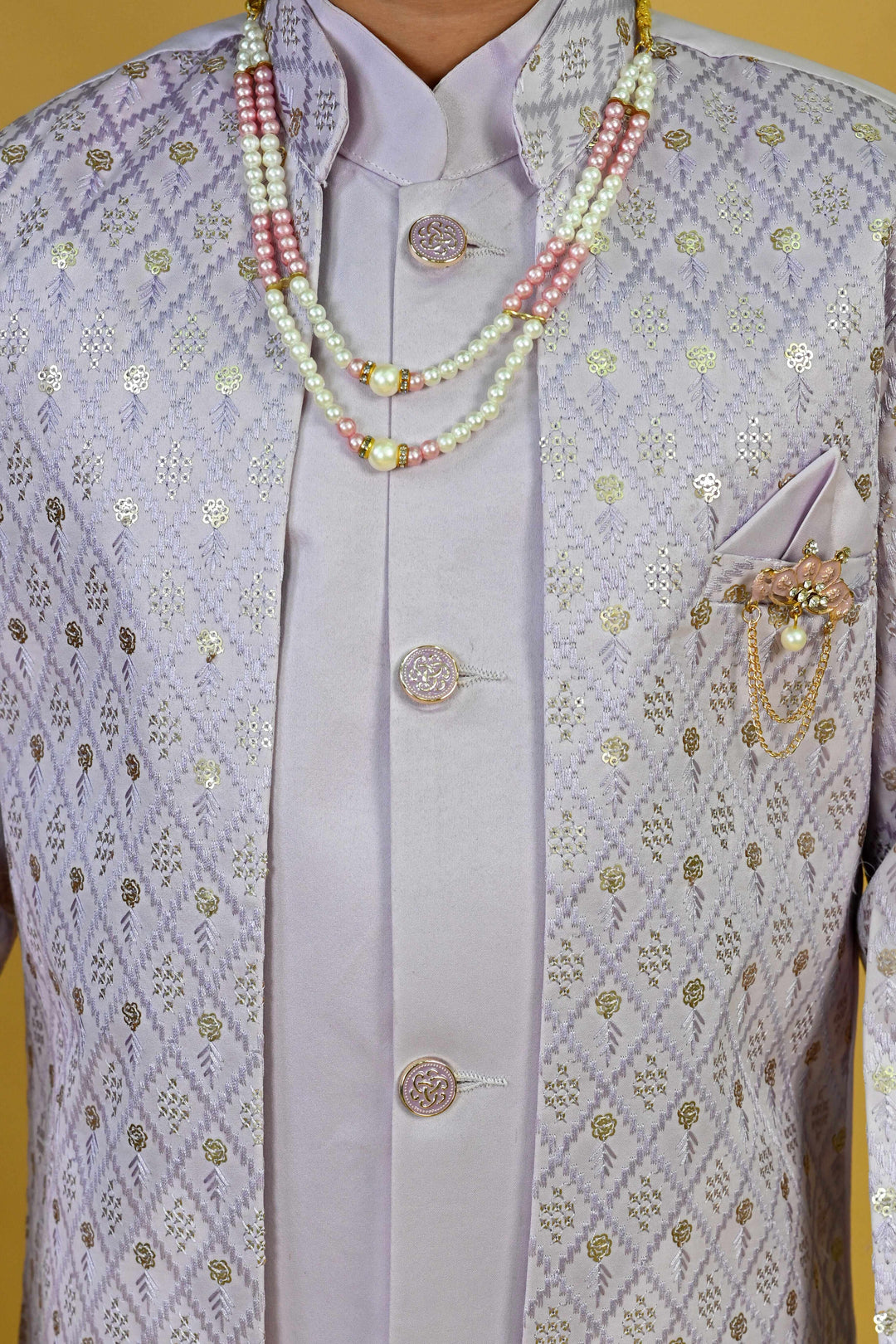 Boys Satin Geometric Embroidered Sequined Sherwani Shrug & Trousers Set with Necklace - Lavender | SHOBITAM