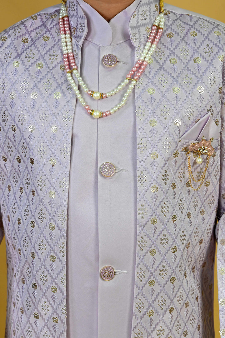Boys Satin Geometric Embroidered Sequined Sherwani Shrug & Trousers Set with Necklace - Lavender | SHOBITAM
