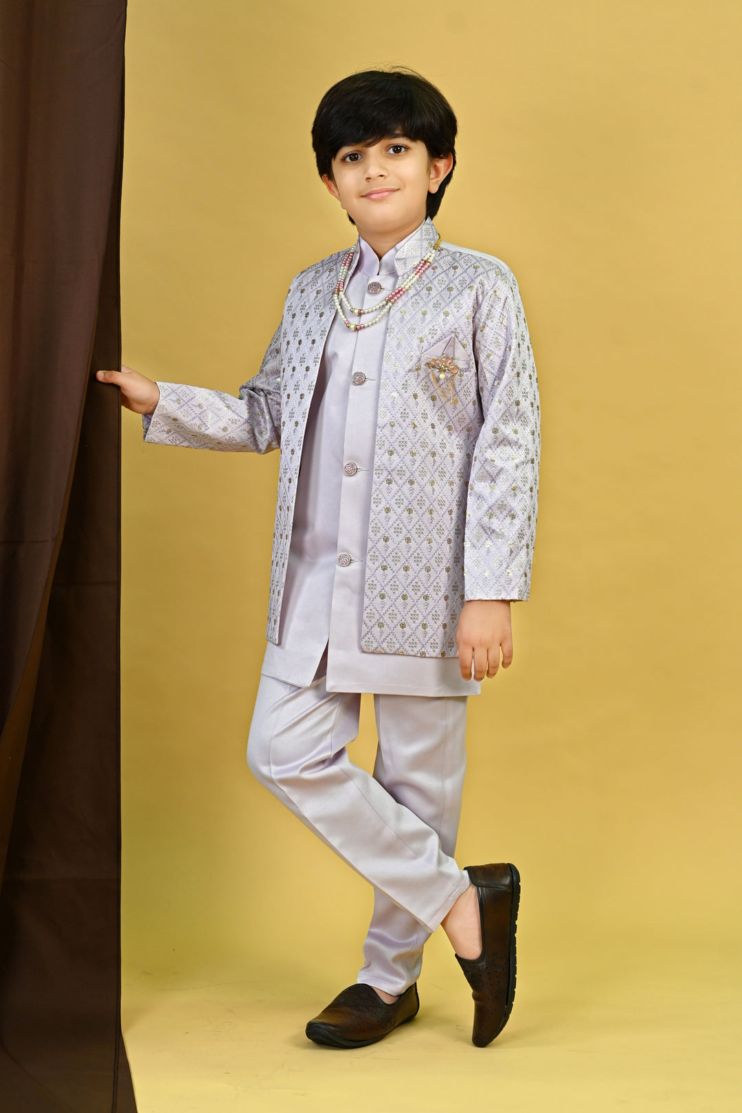 Boys Satin Geometric Embroidered Sequined Sherwani Shrug & Trousers Set with Necklace - Lavender | SHOBITAM