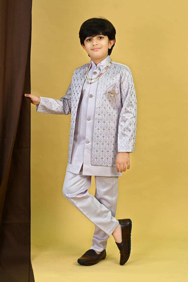 Boys Satin Geometric Embroidered Sequined Sherwani Shrug & Trousers Set with Necklace - Lavender | SHOBITAM