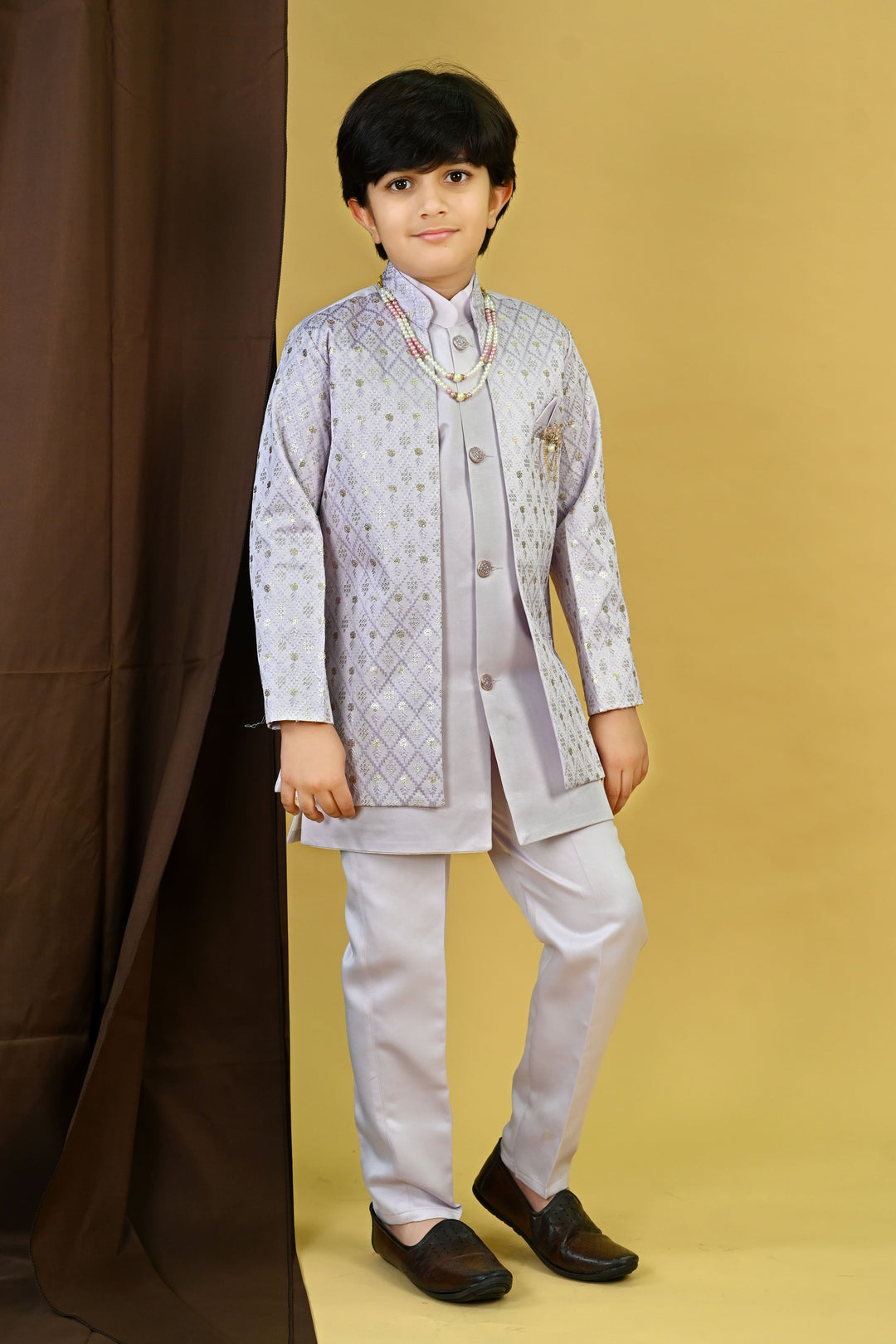 Boys Satin Geometric Embroidered Sequined Sherwani Shrug & Trousers Set with Necklace - Lavender | SHOBITAM