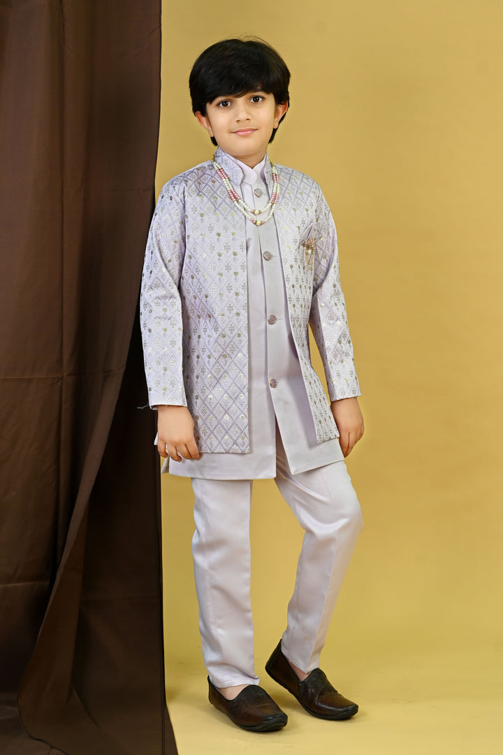 Boys Satin Geometric Embroidered Sequined Sherwani Shrug & Trousers Set with Necklace - Lavender | SHOBITAM