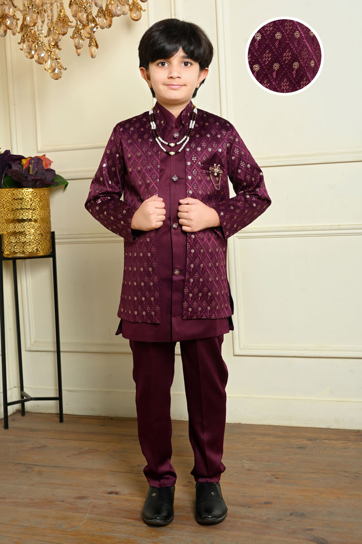 Boys Satin Geometric Embroidered Sequined Sherwani Shrug & Trousers Set with Necklace - Wine