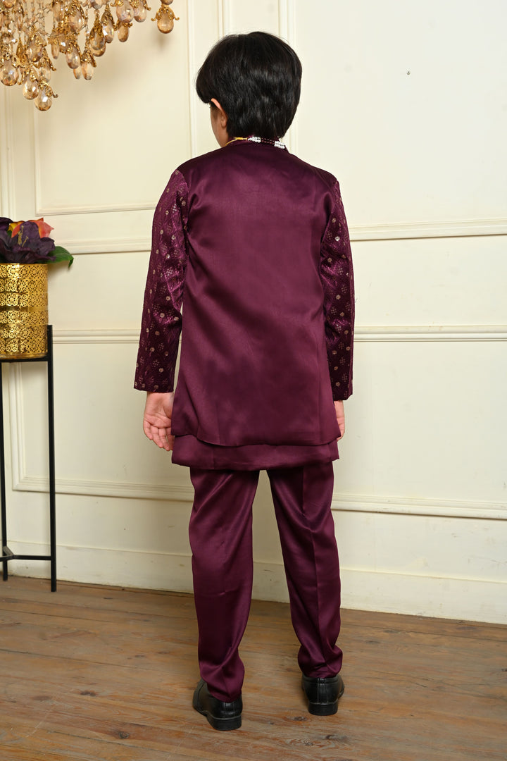 Boys Satin Geometric Embroidered Sequined Sherwani Shrug & Trousers Set with Necklace - Wine