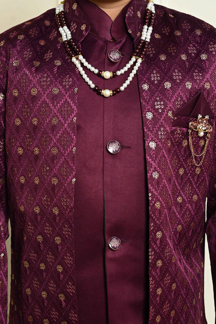 Boys Satin Geometric Embroidered Sequined Sherwani Shrug & Trousers Set with Necklace - Wine