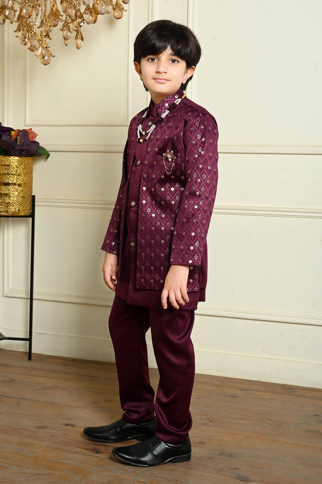 Boys Satin Geometric Embroidered Sequined Sherwani Shrug & Trousers Set with Necklace - Wine