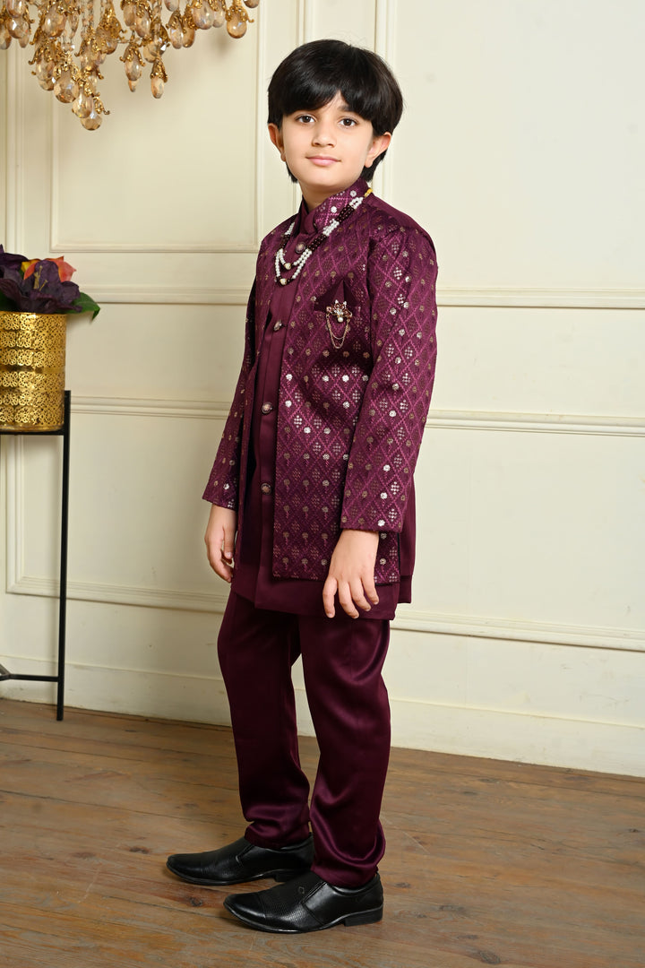 Boys Satin Geometric Embroidered Sequined Sherwani Shrug & Trousers Set with Necklace - Wine