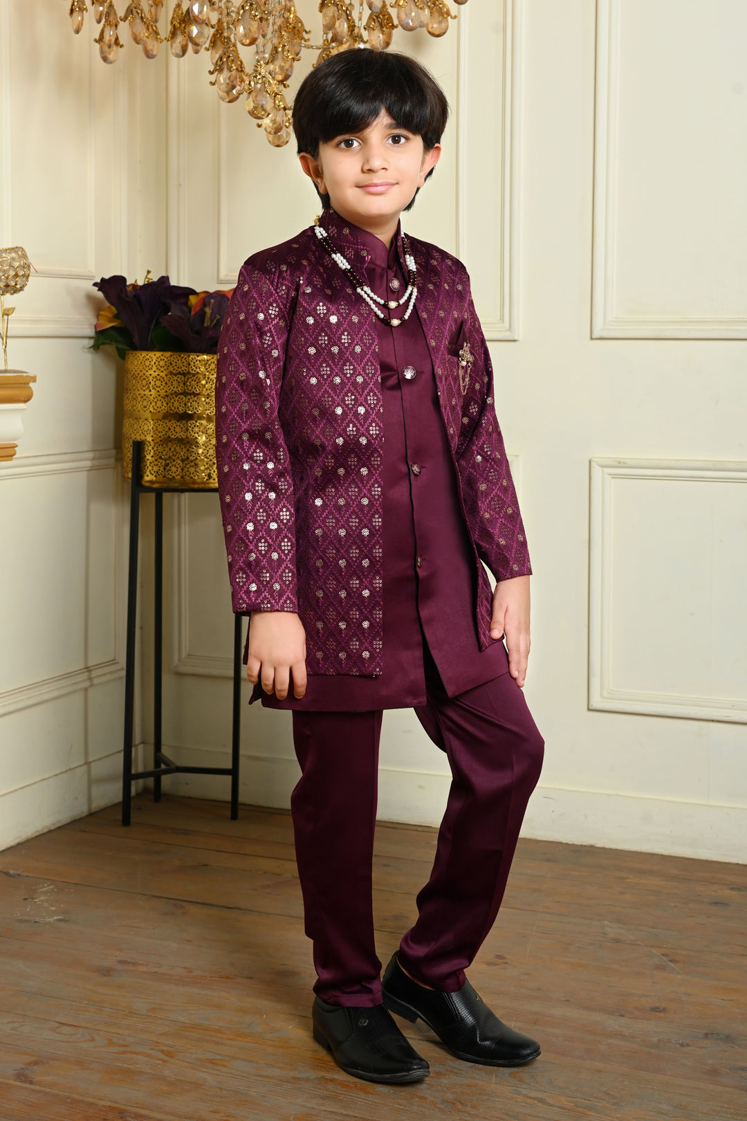 Boys Satin Geometric Embroidered Sequined Sherwani Shrug & Trousers Set with Necklace - Wine