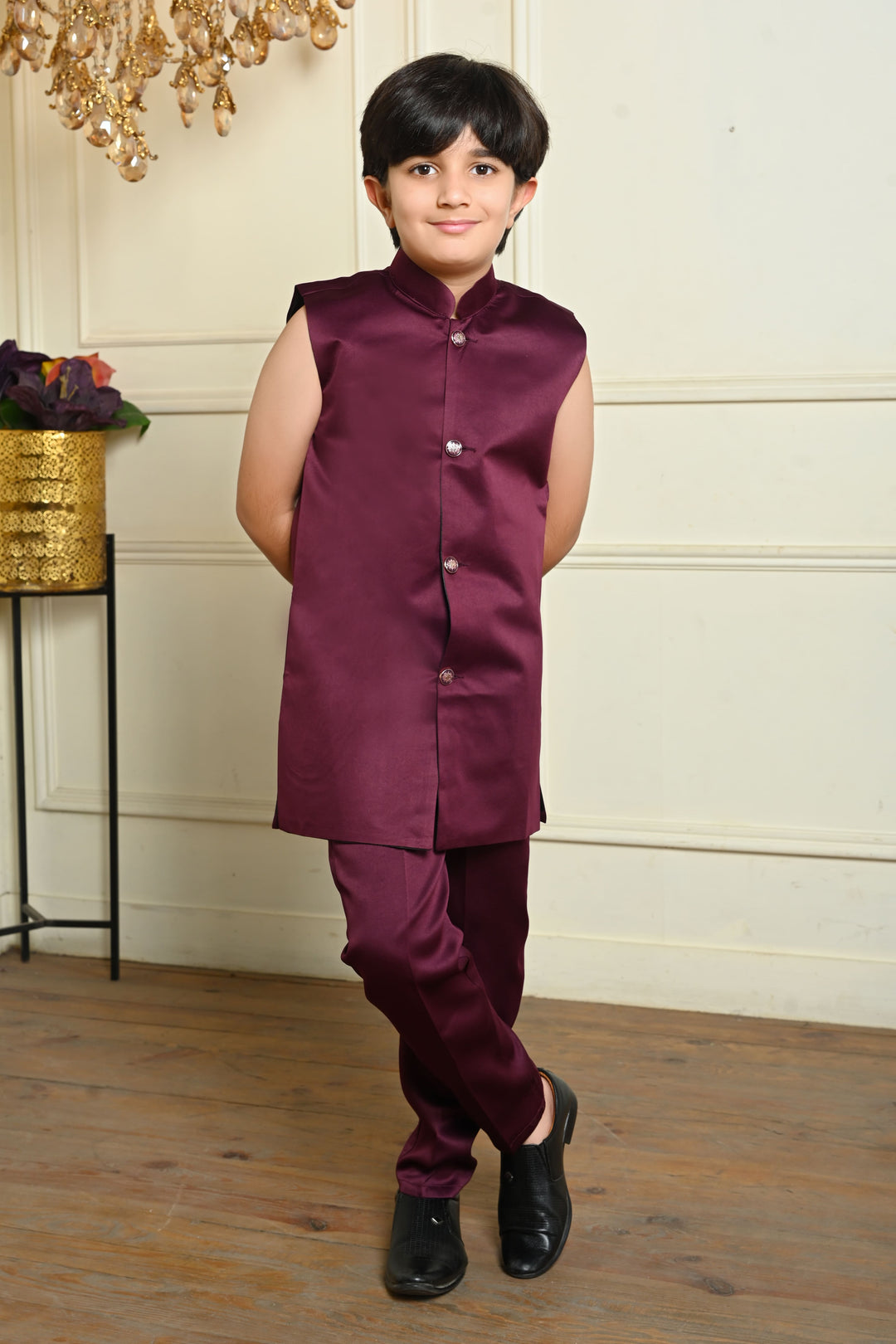Boys Satin Geometric Embroidered Sequined Sherwani Shrug & Trousers Set with Necklace - Wine