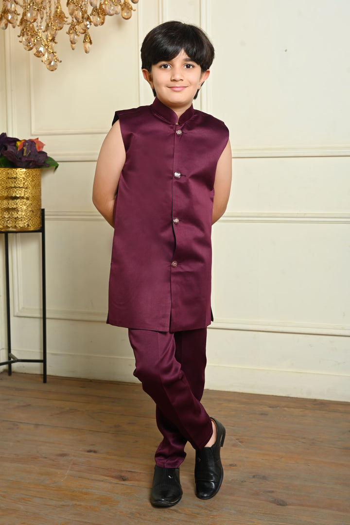 Boys Satin Geometric Embroidered Sequined Sherwani Shrug & Trousers Set with Necklace - Wine