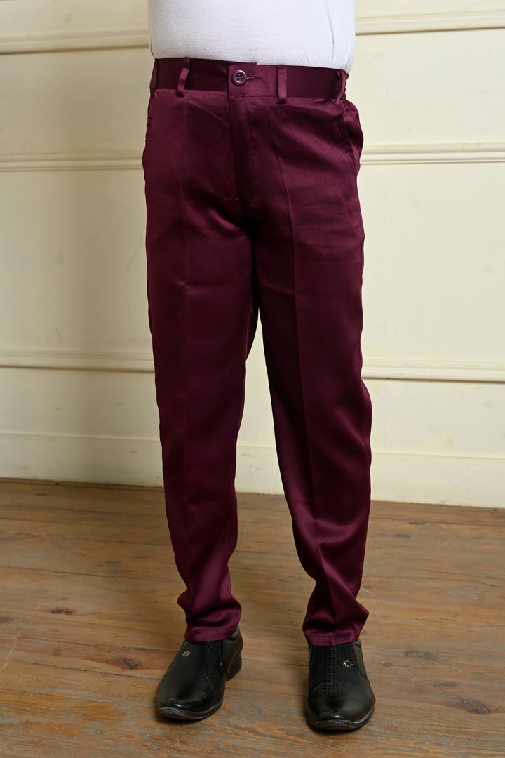 Boys Satin Geometric Embroidered Sequined Sherwani Shrug & Trousers Set with Necklace - Wine