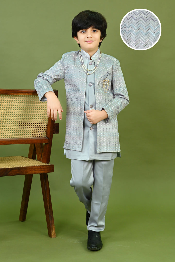 Boys Satin Zigzag Embroidered Sequined Sherwani & Trousers Set - Grey