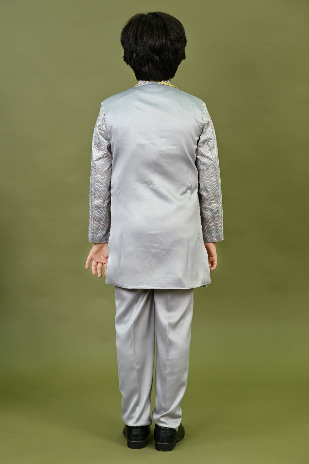Boys Satin Zigzag Embroidered Sequined Sherwani & Trousers Set - Grey