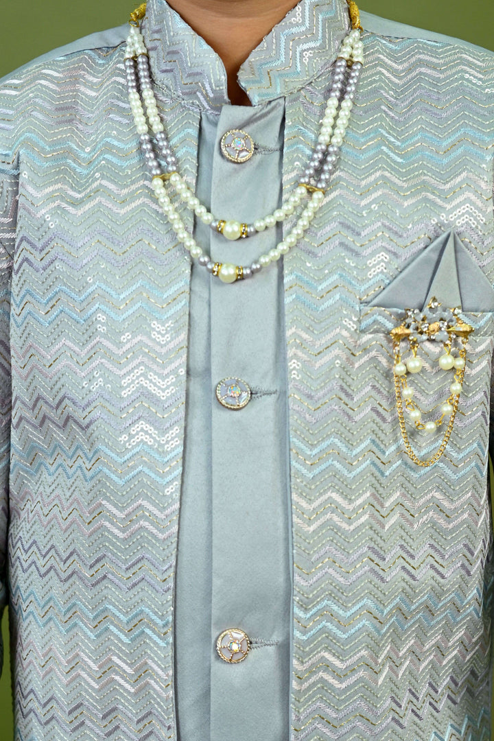 Boys Satin Zigzag Embroidered Sequined Sherwani & Trousers Set - Grey