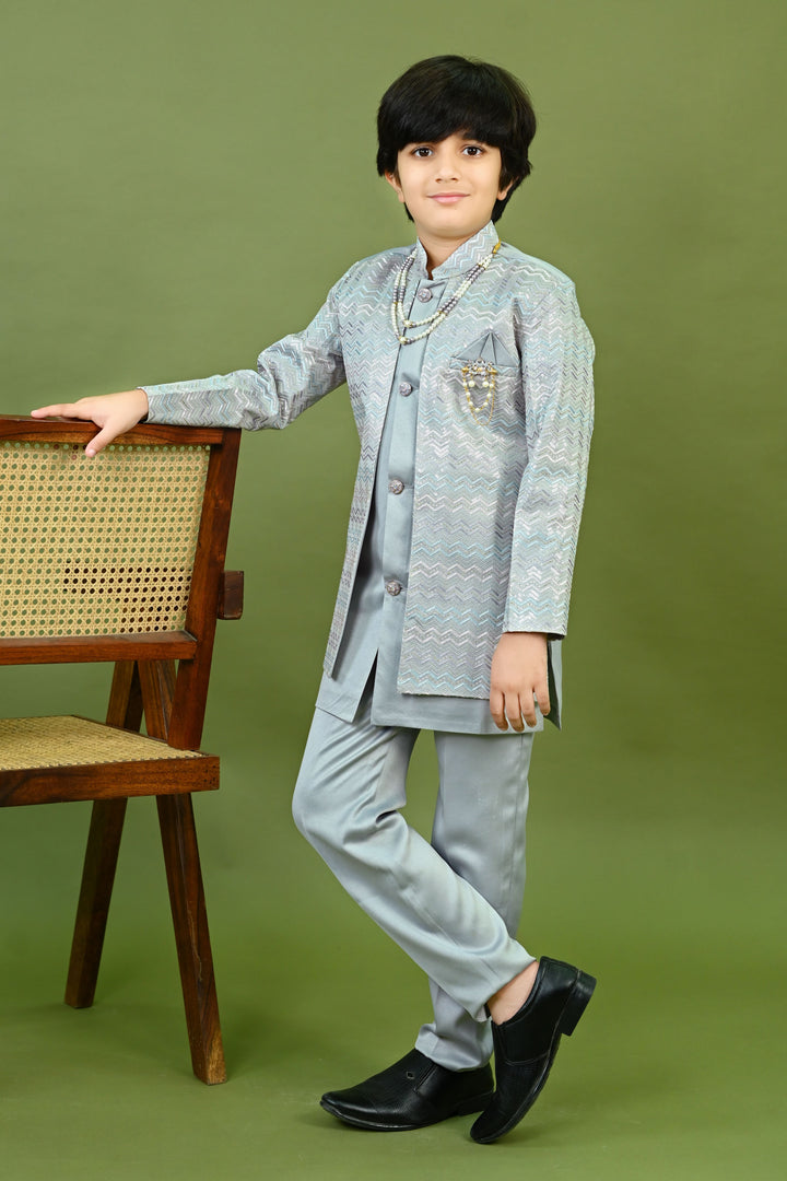 Boys Satin Zigzag Embroidered Sequined Sherwani & Trousers Set - Grey