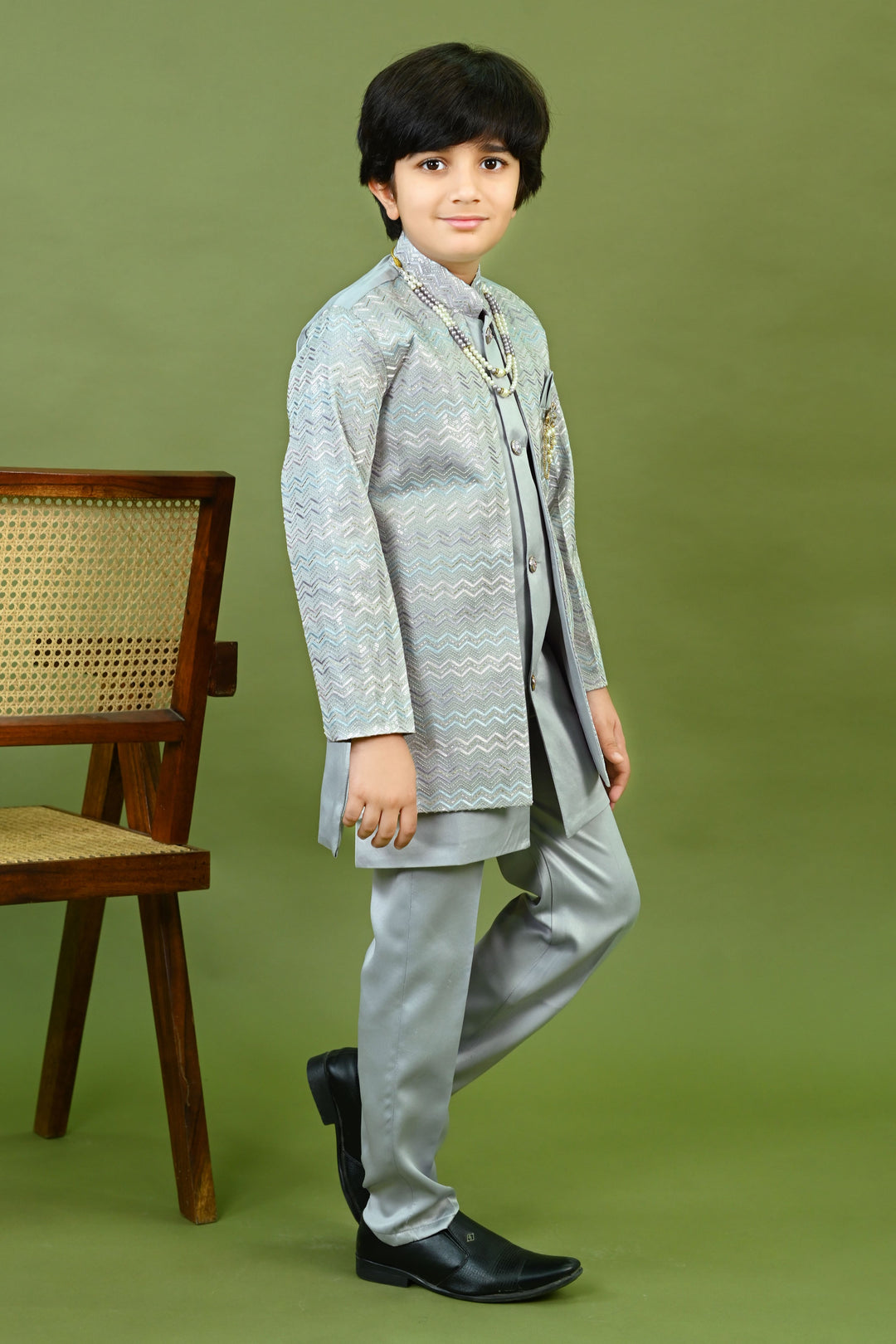 Boys Satin Zigzag Embroidered Sequined Sherwani & Trousers Set - Grey