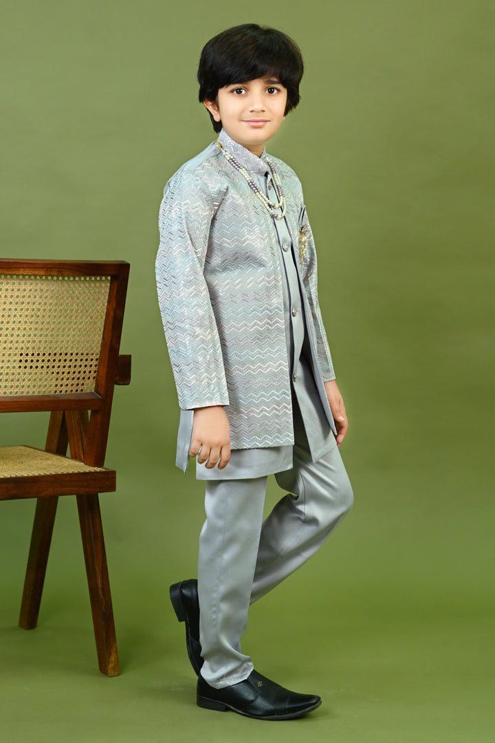 Boys Satin Zigzag Embroidered Sequined Sherwani & Trousers Set - Grey