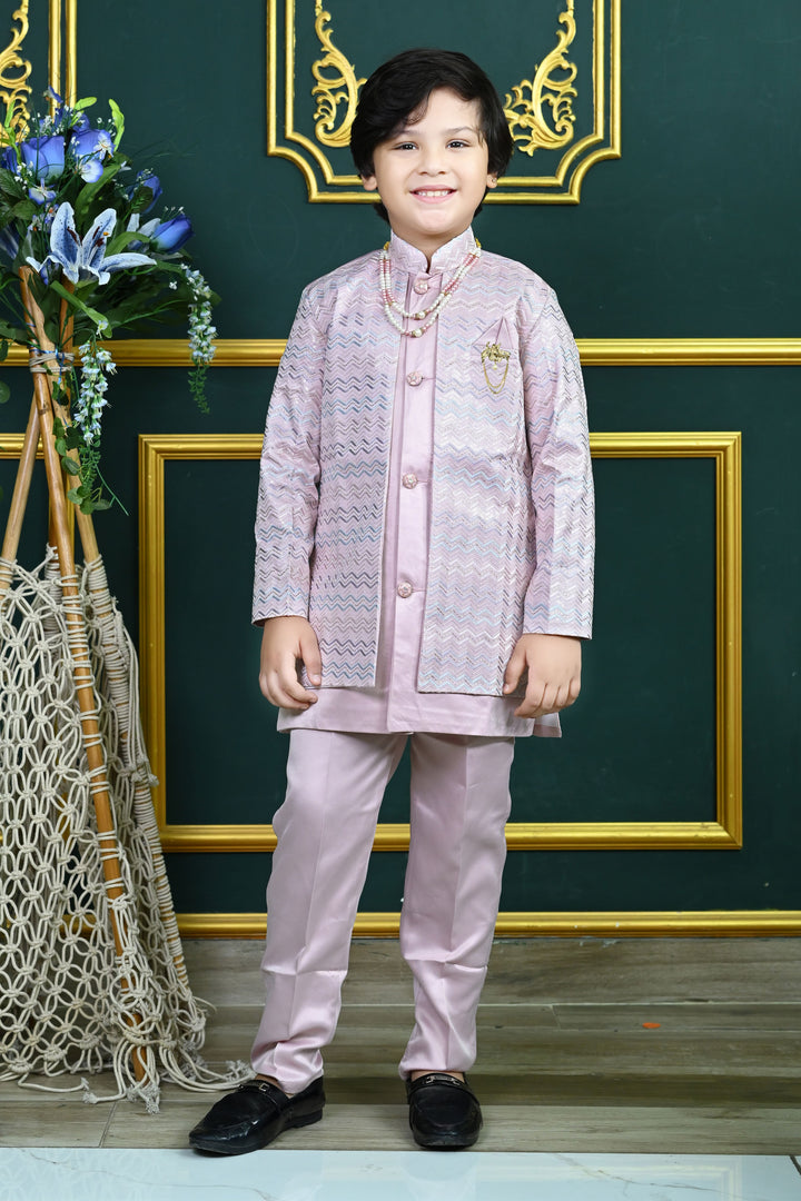 Boys Satin Zigzag Embroidered Sequined Sherwani & Trousers Set - Lilac