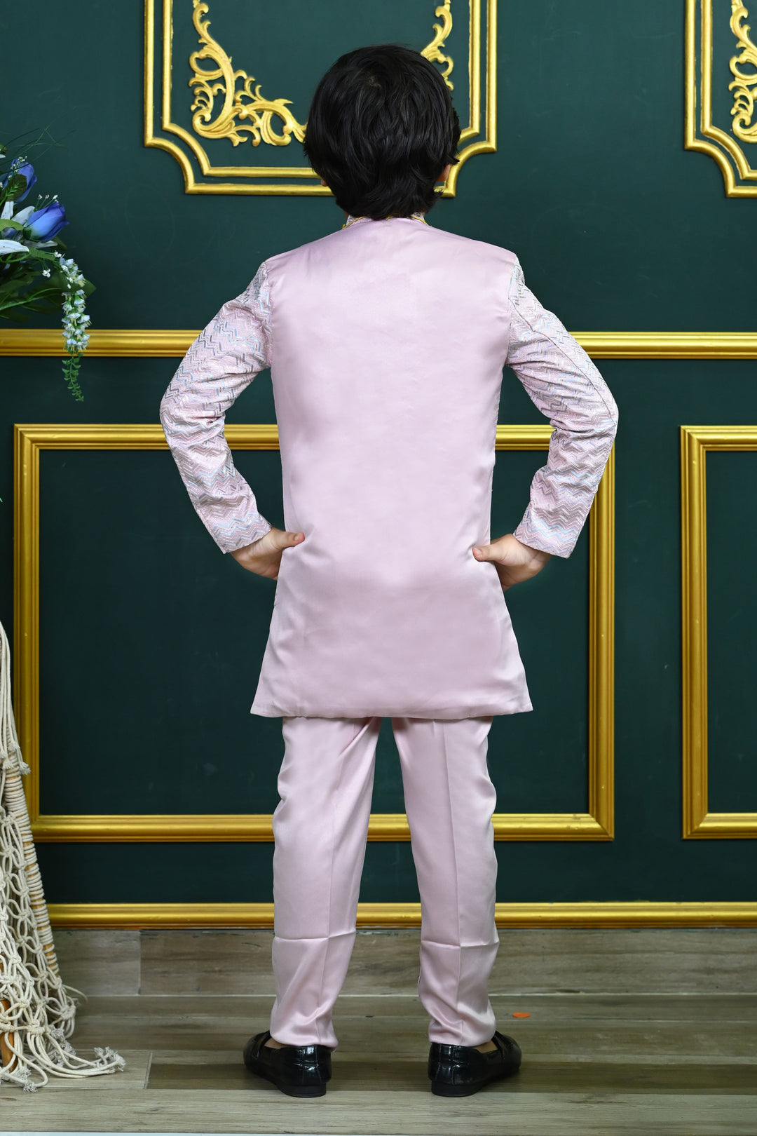 Boys Satin Zigzag Embroidered Sequined Sherwani & Trousers Set - Lilac