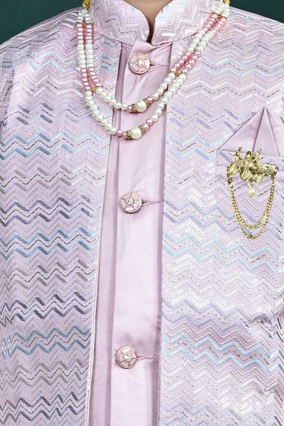 Boys Satin Zigzag Embroidered Sequined Sherwani & Trousers Set - Lilac