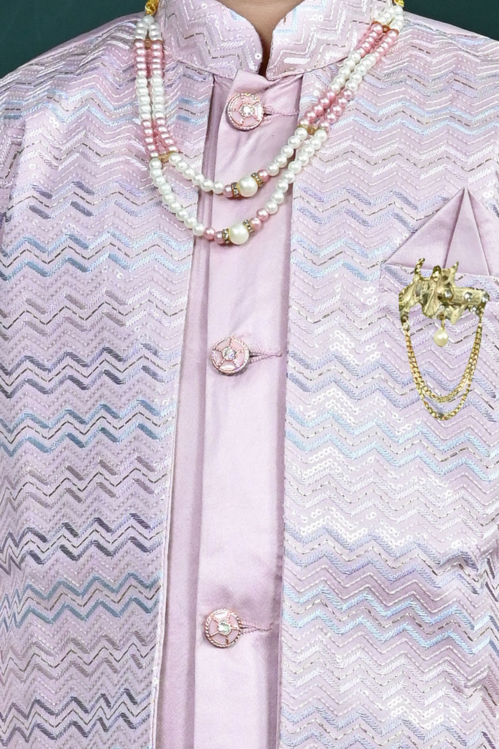 Boys Satin Zigzag Embroidered Sequined Sherwani & Trousers Set - Lilac