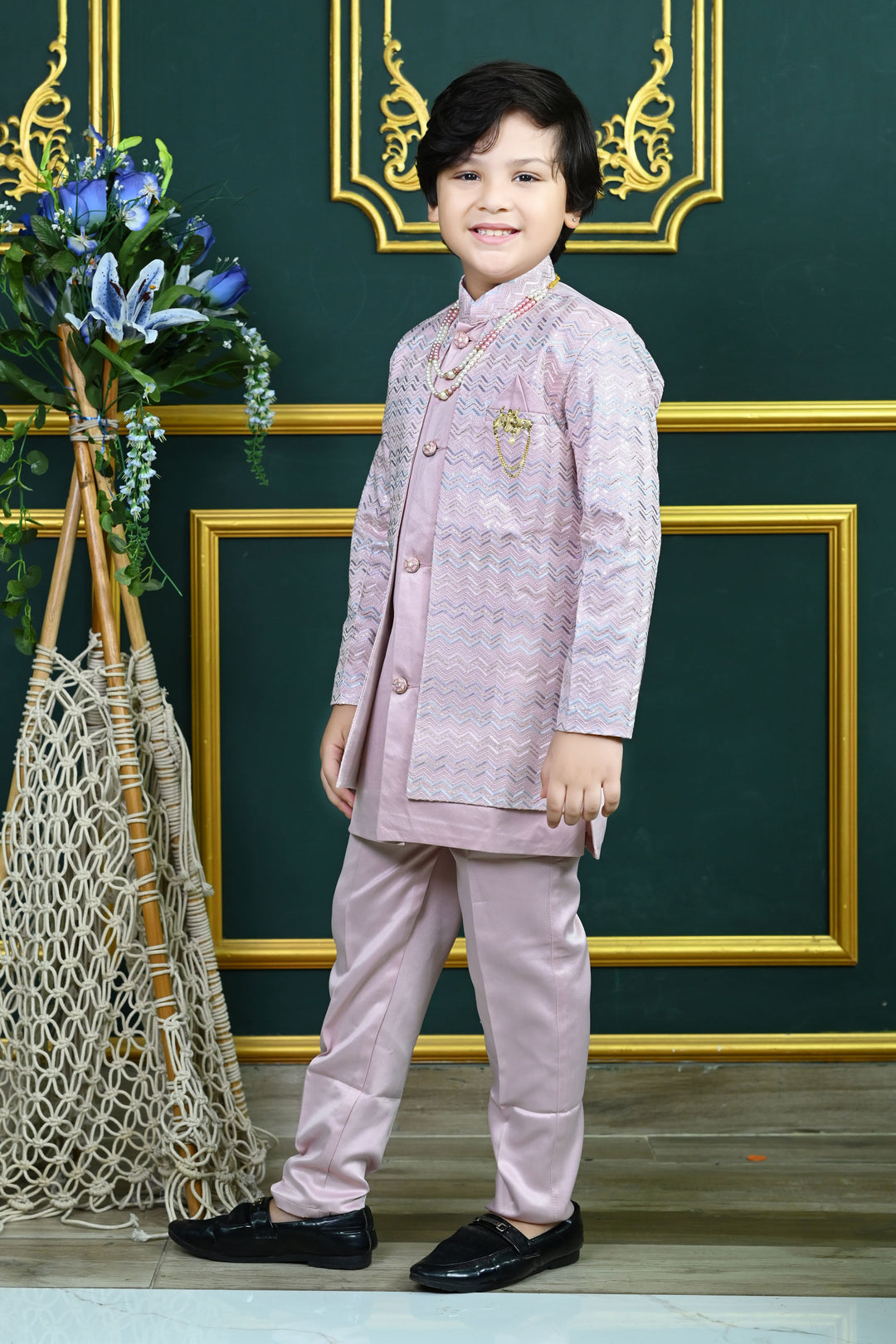 Boys Satin Zigzag Embroidered Sequined Sherwani & Trousers Set - Lilac