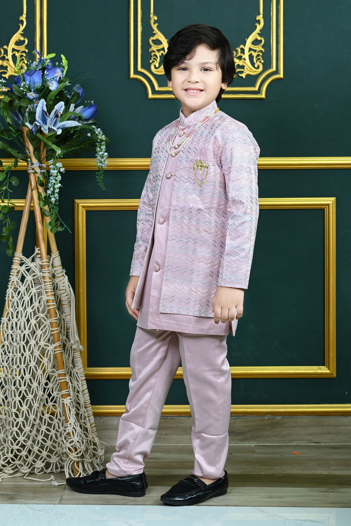 Boys Satin Zigzag Embroidered Sequined Sherwani & Trousers Set - Lilac