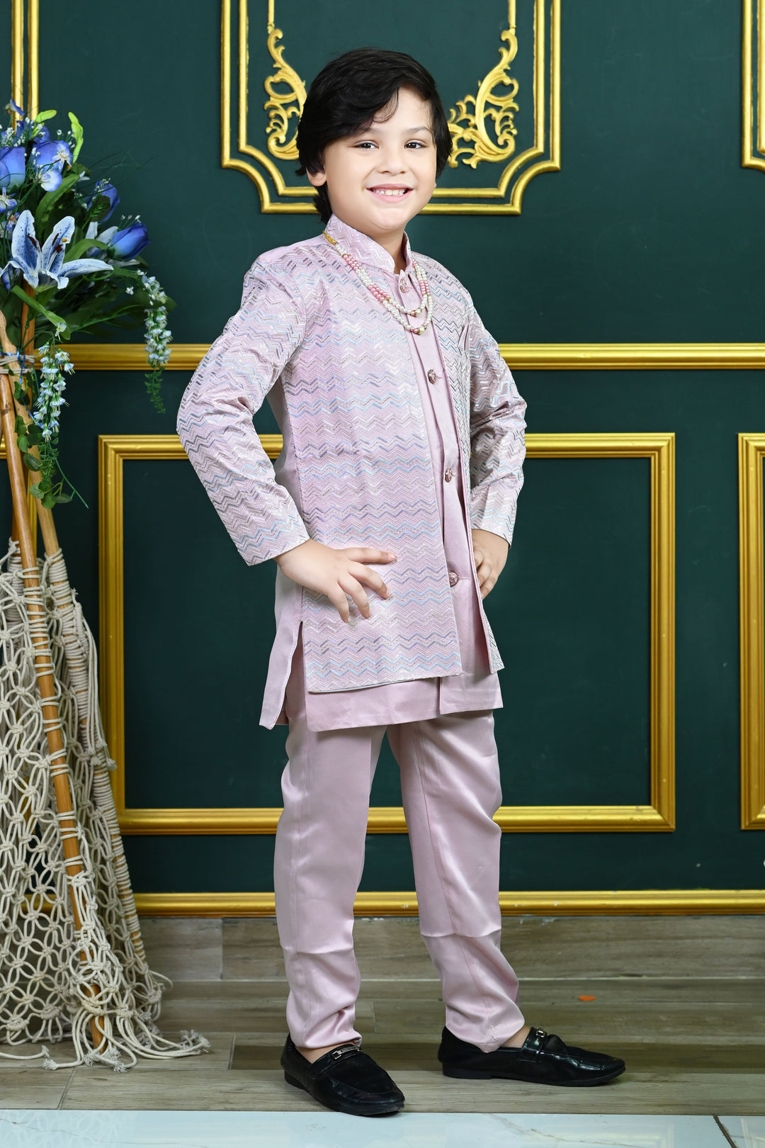 Boys Satin Zigzag Embroidered Sequined Sherwani & Trousers Set - Lilac