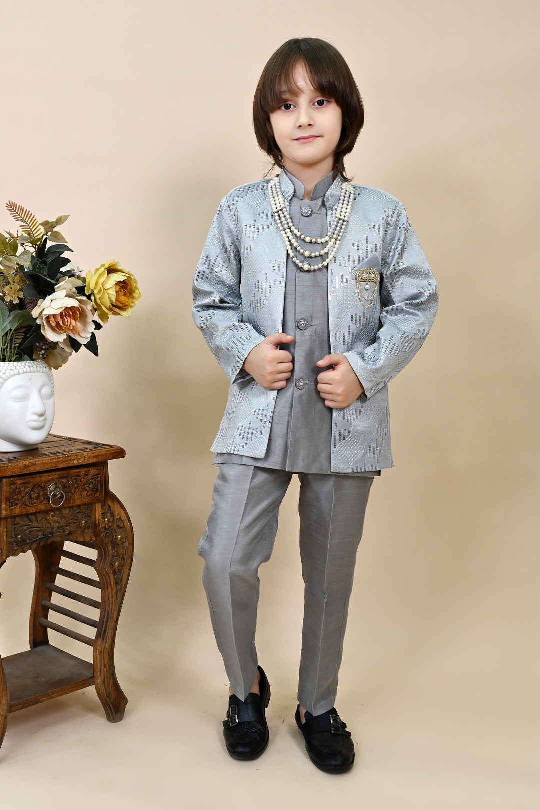 Boys Silk Sequined Embroidered Wavy Motifs Sherwani Set - Grey  | SHOBITAM