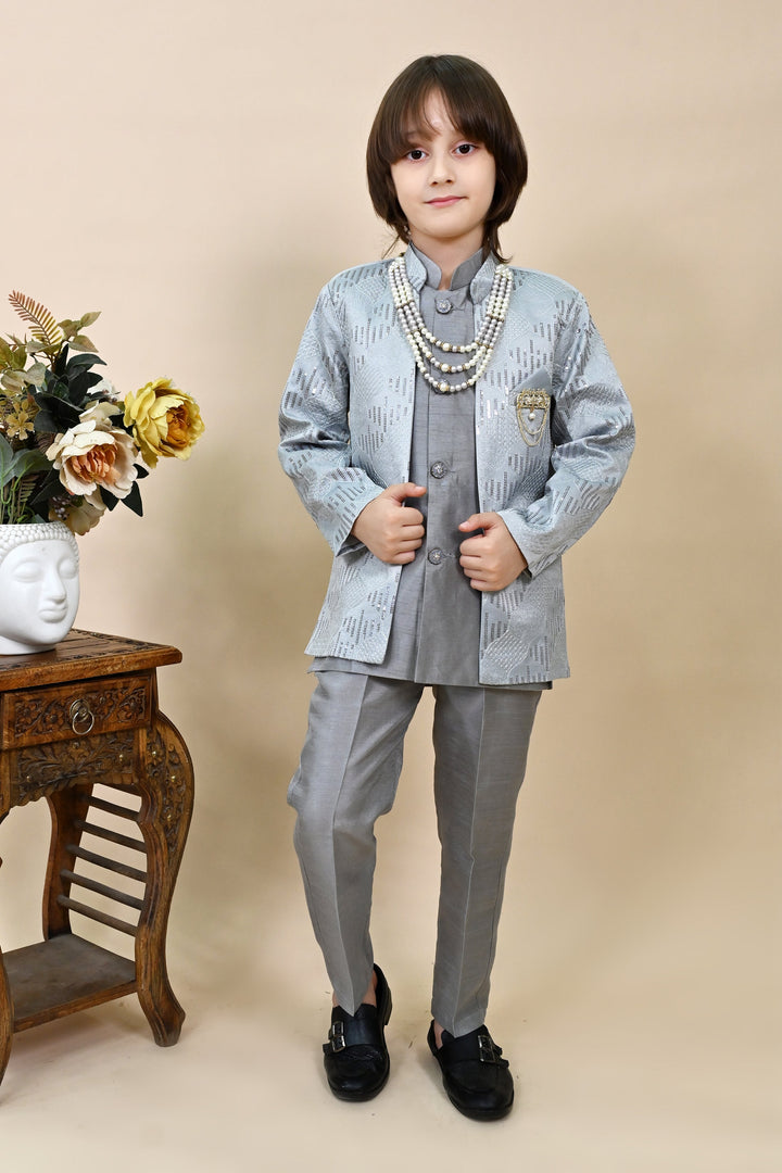 Boys Silk Sequined Embroidered Wavy Motifs Sherwani Set - Grey  | SHOBITAM