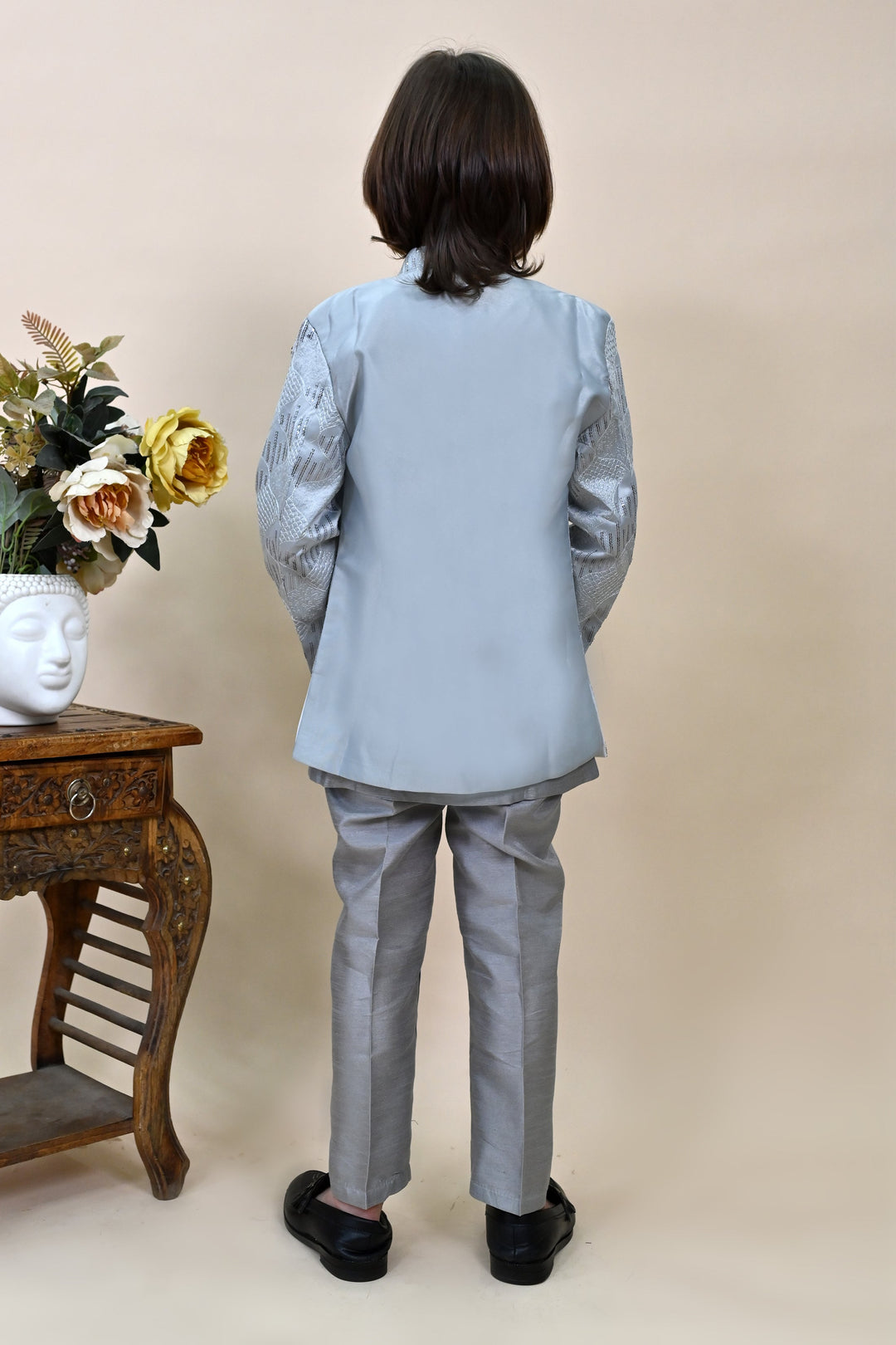 Boys Silk Sequined Embroidered Wavy Motifs Sherwani Set - Grey  | SHOBITAM