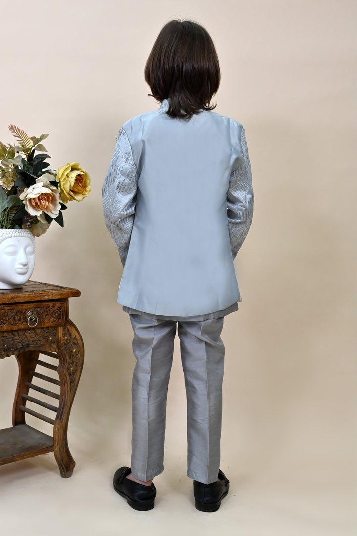Boys Silk Sequined Embroidered Wavy Motifs Sherwani Set - Grey  | SHOBITAM