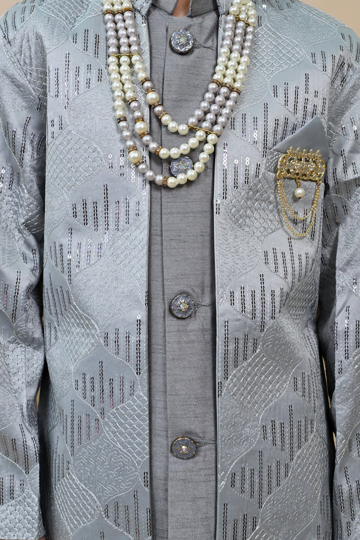 Boys Silk Sequined Embroidered Wavy Motifs Sherwani Set - Grey  | SHOBITAM