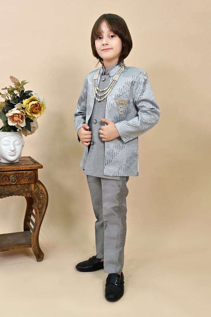 Boys Silk Sequined Embroidered Wavy Motifs Sherwani Set - Grey  | SHOBITAM