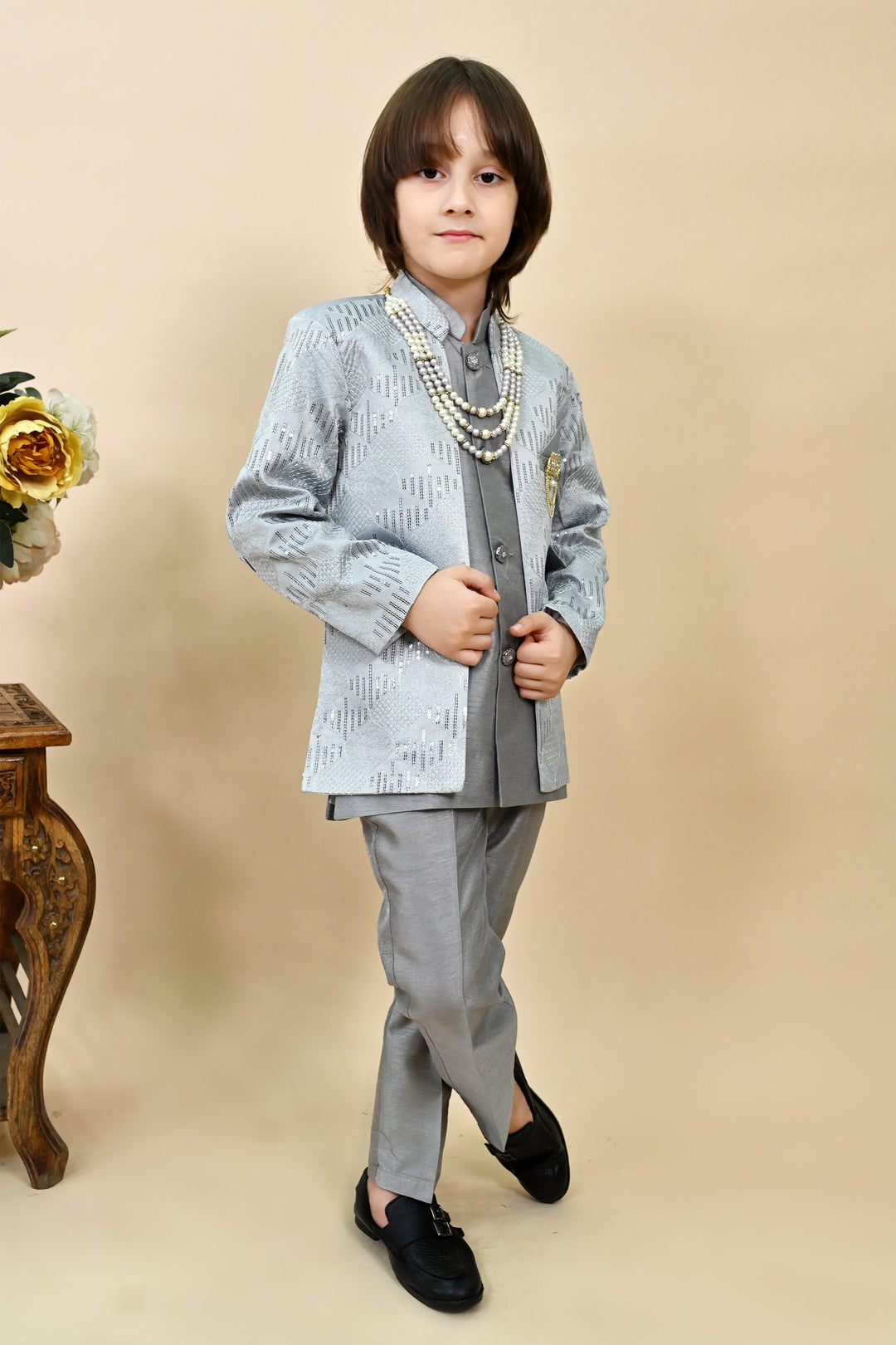Boys Silk Sequined Embroidered Wavy Motifs Sherwani Set - Grey  | SHOBITAM