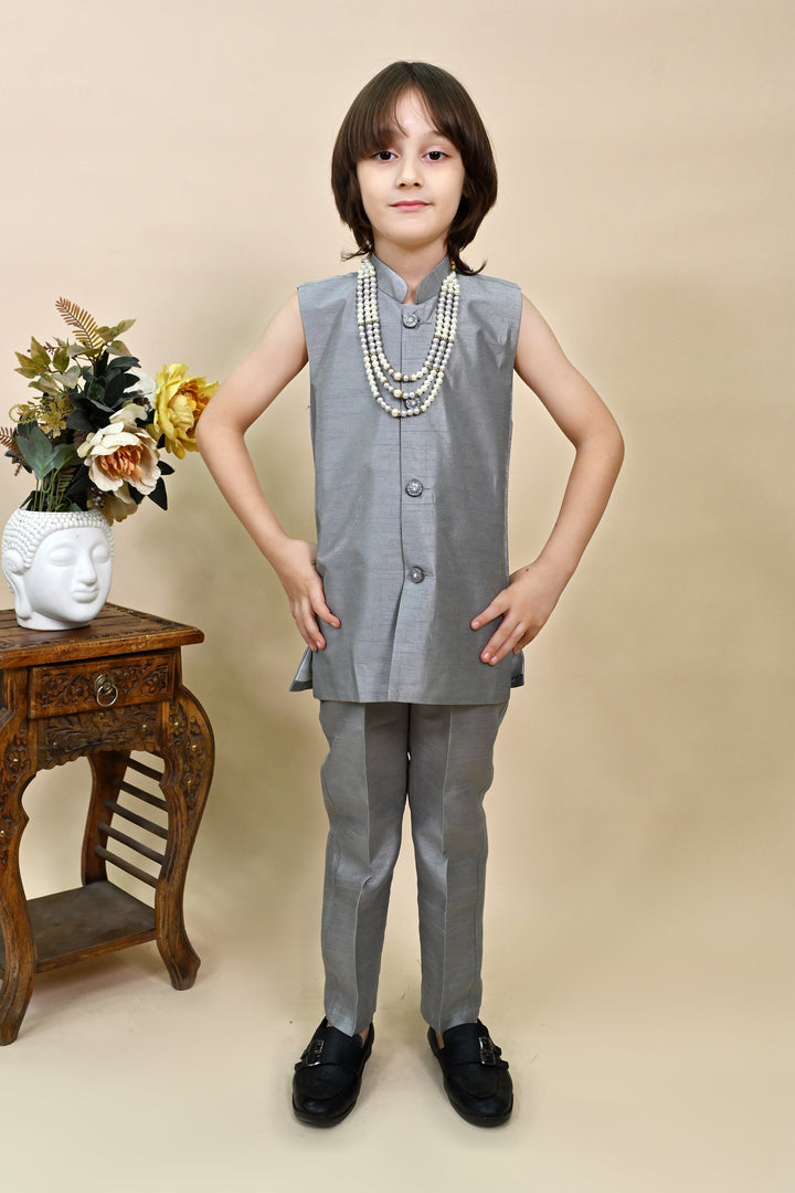 Boys Silk Sequined Embroidered Wavy Motifs Sherwani Set - Grey  | SHOBITAM