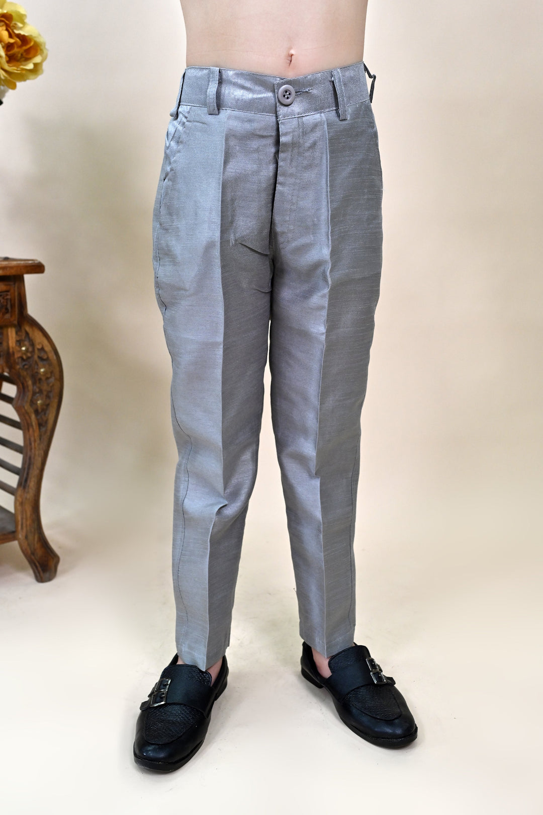 Boys Silk Sequined Embroidered Wavy Motifs Sherwani Set - Grey  | SHOBITAM