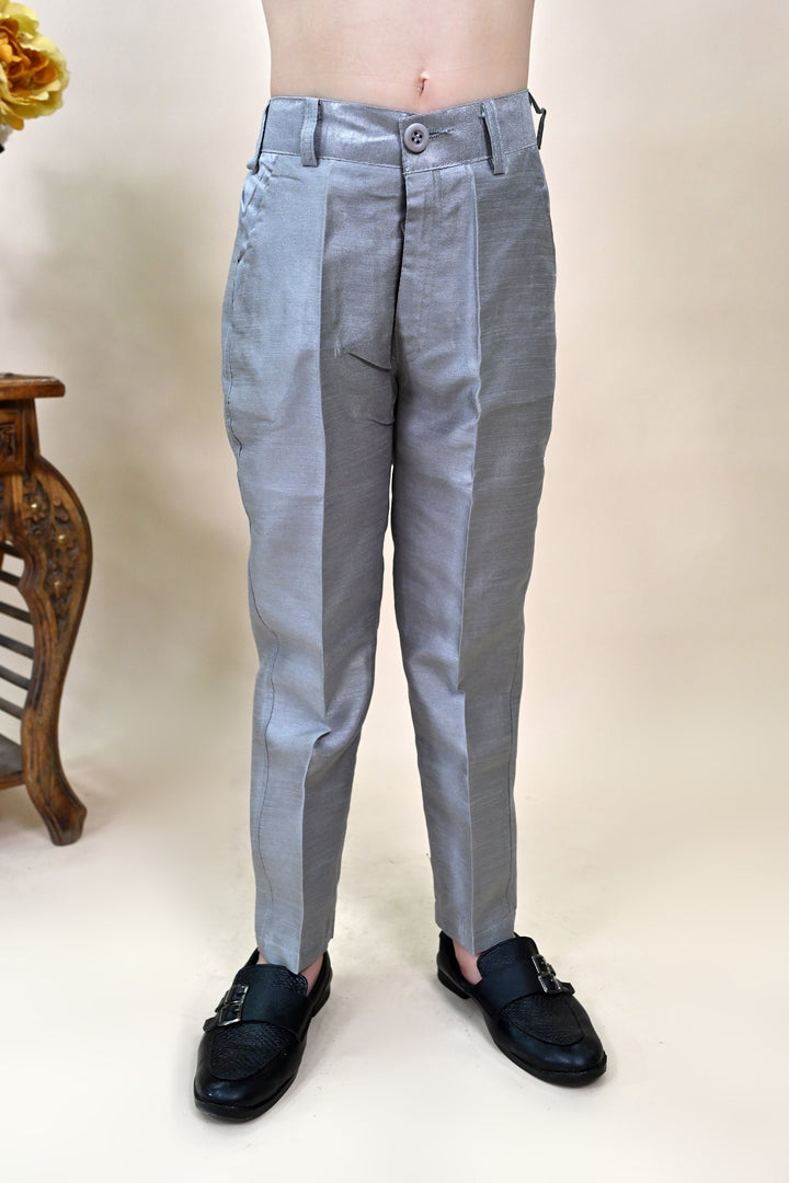 Boys Silk Sequined Embroidered Wavy Motifs Sherwani Set - Grey  | SHOBITAM