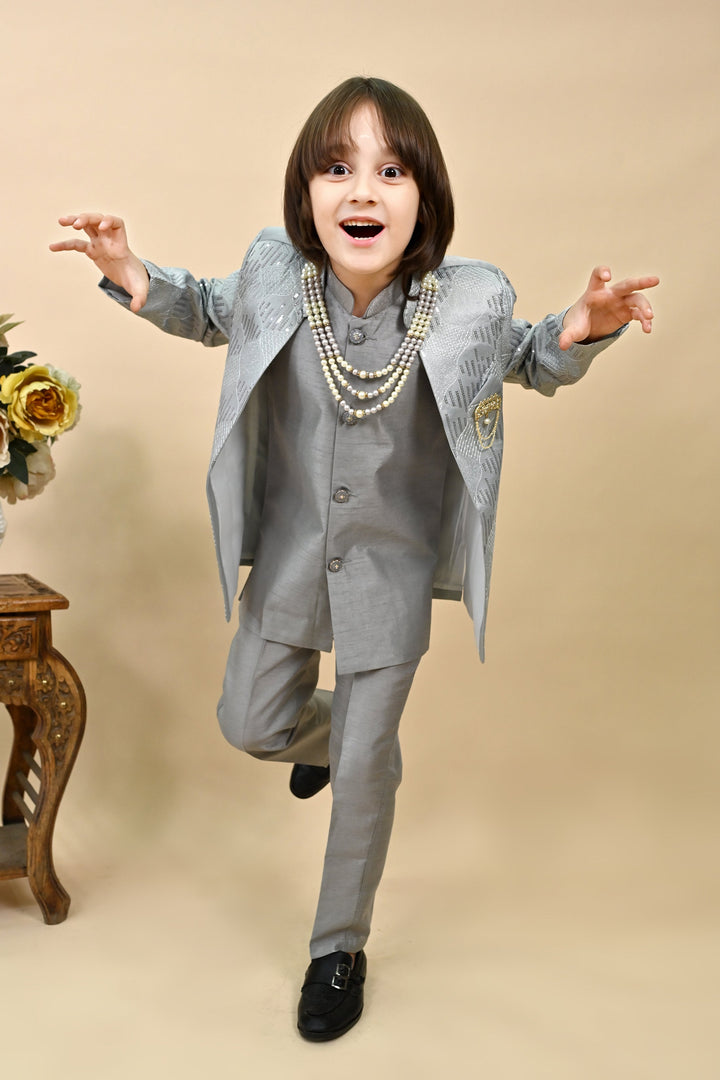 Boys Silk Sequined Embroidered Wavy Motifs Sherwani Set - Grey  | SHOBITAM