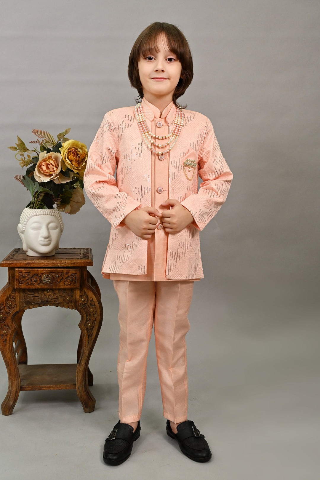 Boys Silk Sequined Embroidered Wavy Motifs Sherwani Set - Peach  | SHOBITAM