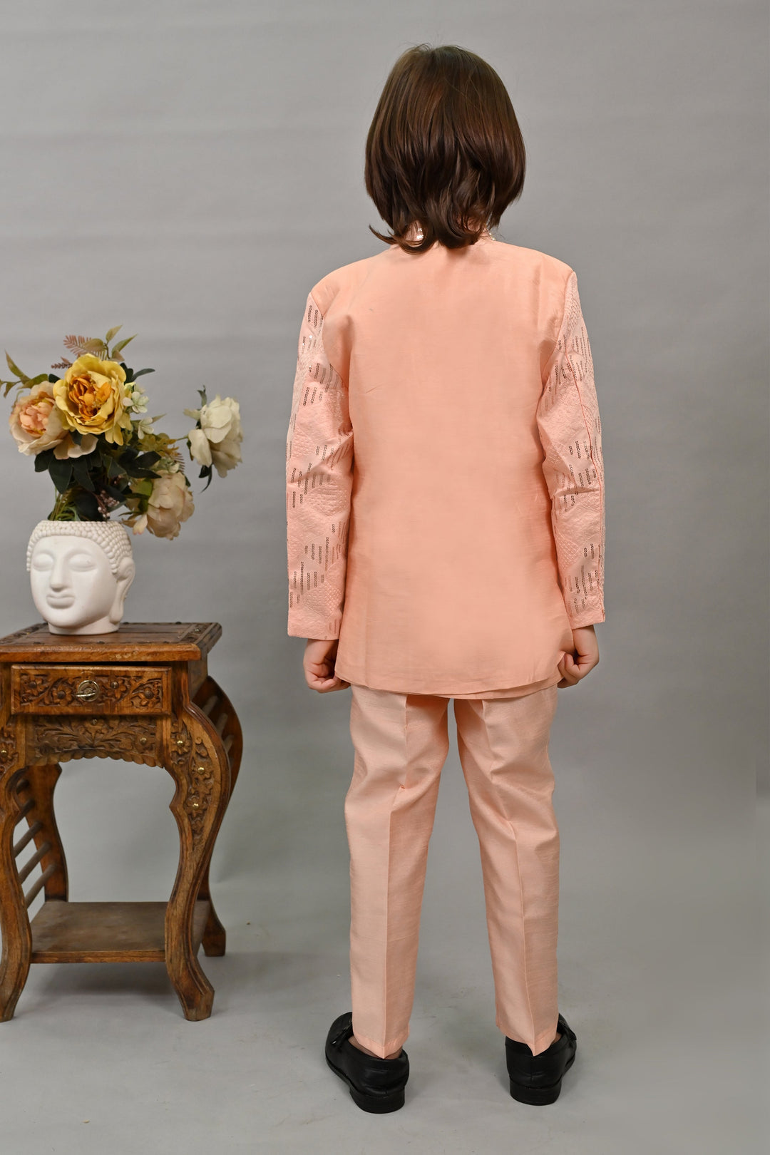 Boys Silk Sequined Embroidered Wavy Motifs Sherwani Set - Peach  | SHOBITAM