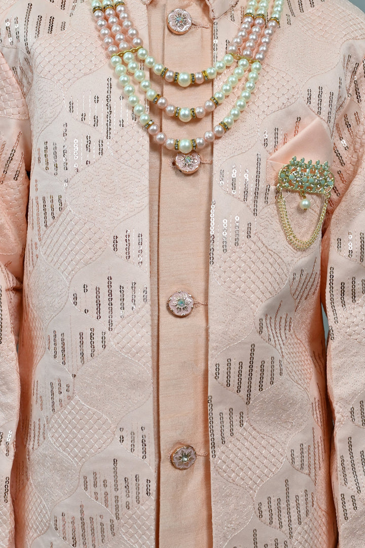 Boys Silk Sequined Embroidered Wavy Motifs Sherwani Set - Peach  | SHOBITAM